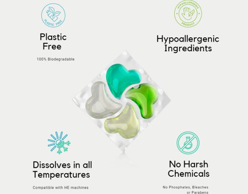 Close-up of Tebter hypoallergenic laundry pod with product details