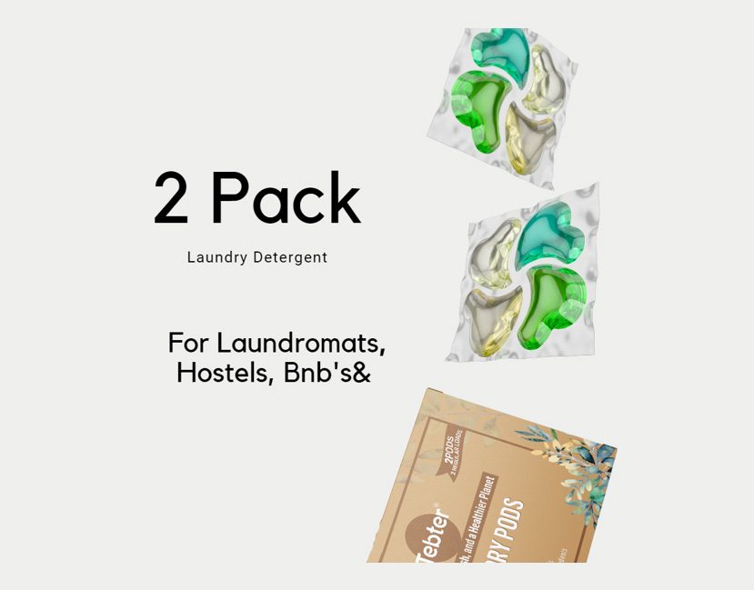 Two-pack Tebter hypoallergenic laundry pods in a box for laundromats, hotels, and AirB&Bs